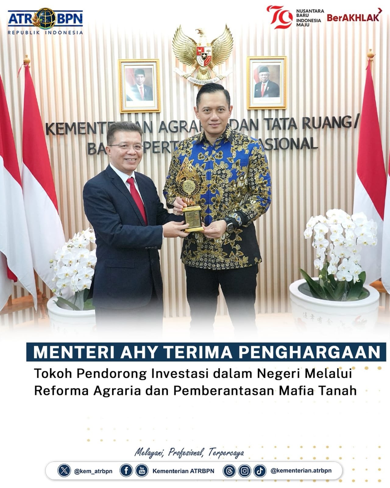 Menteri AHY Terima Penghargaan Tokoh Pendorong Investasi dalam Negeri Melalui Reforma Agraria dan Pemberantasan Mafia Tanah