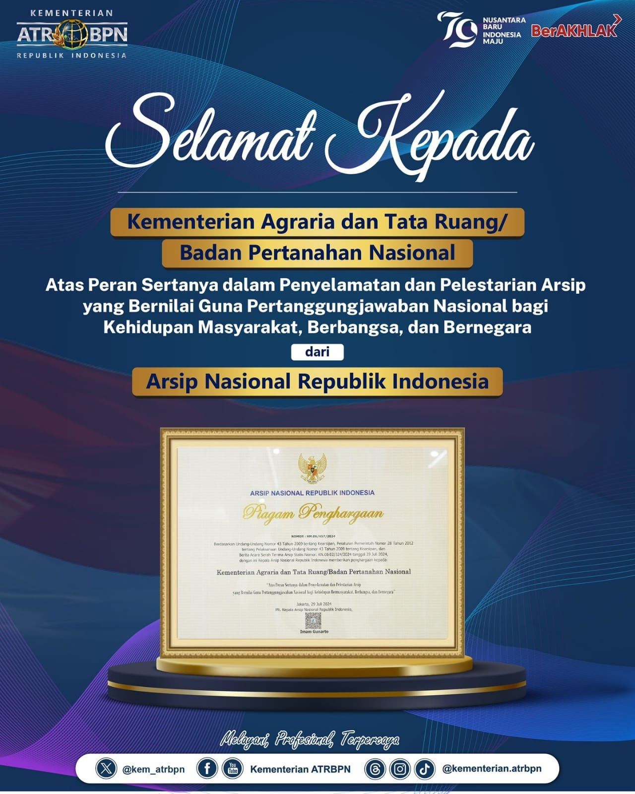 Kementerian ATR/BPN meraih Penghargaan dari Arsip Nasional Republik Indonesia