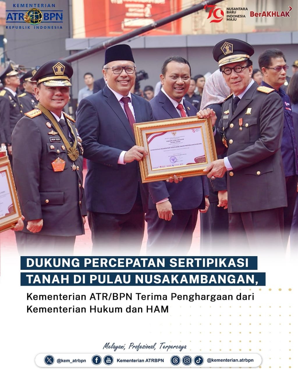 Dukung Percepatan Sertipikasi Tanah di Pulau Nusakambangan, Kementerian ATR/BPN Terima Penghargaan dari Kementerian Hukum dan HAM