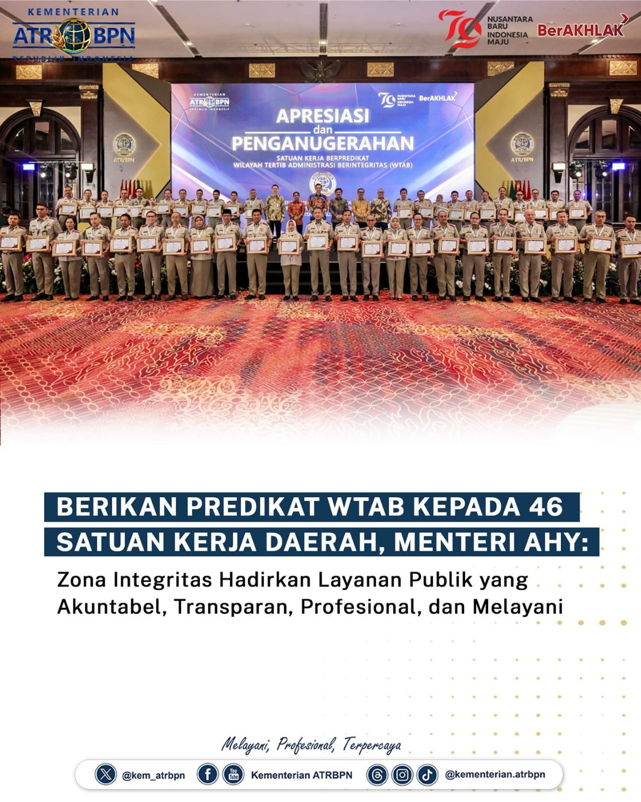 Berikan Predikat WTAB Kepada 46 Satuan Kerja Daerah, Menteri AHY: Zona Integritas Hadirkan Layanan Publik yang Akuntabel, Transparan, Profesional, dan Melayani