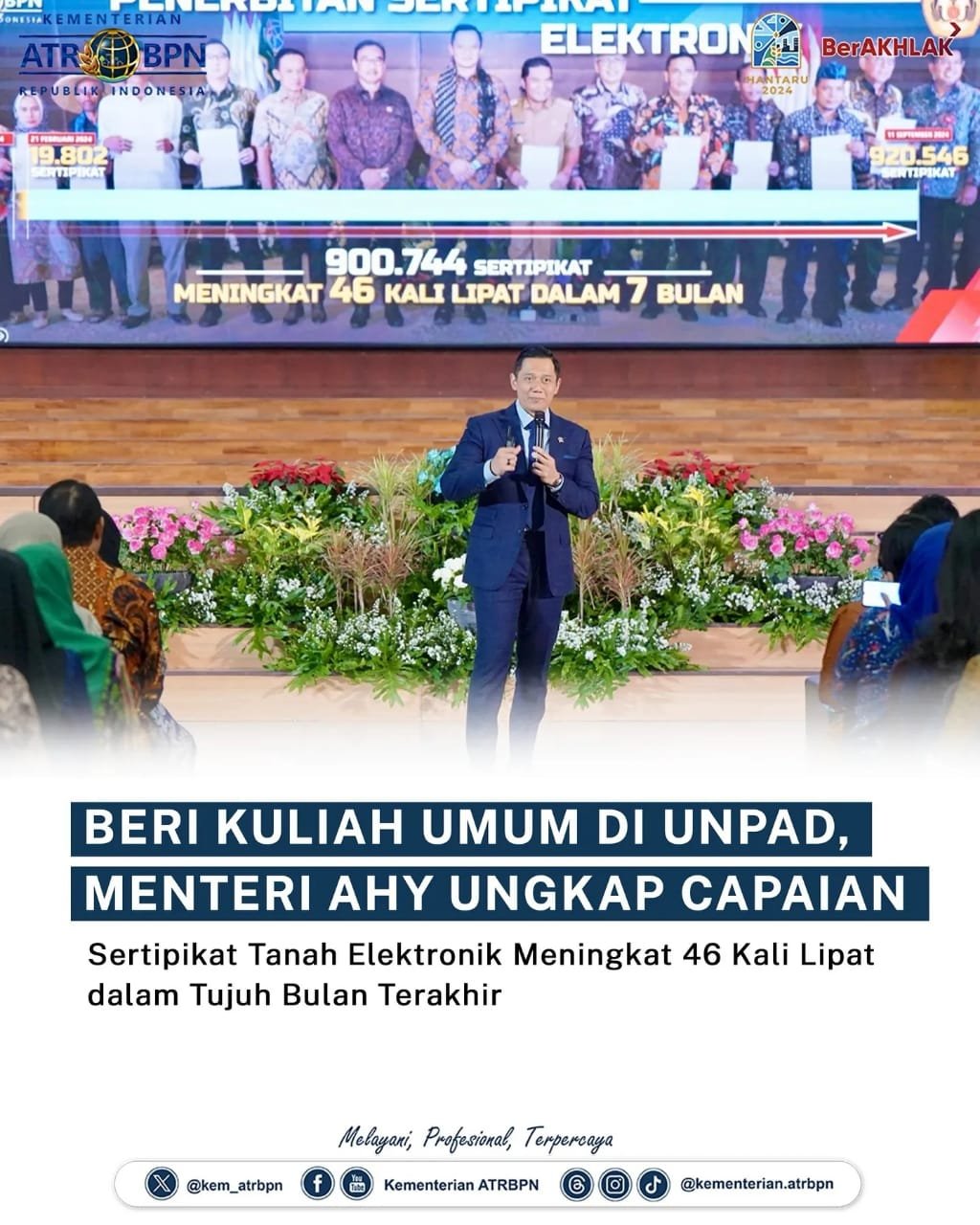 Beri Kuliah Umum di UNPAD, Menteri AHY Ungkap Capaian Sertipikat Tanah Elektronik Meningkat 46 Kali Lipat dalam Tujuh Bulan Terakhir