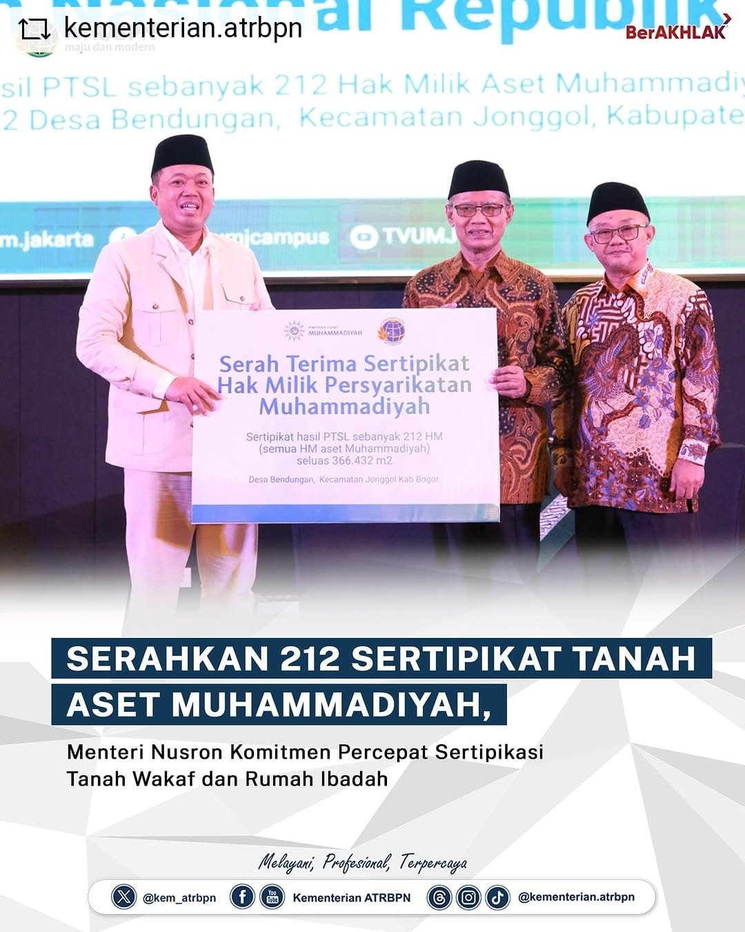 Serahkan 212 Sertipikat Tanah Aset Muhammadiyah, Menteri Nusron Komitmen Percepat Sertipikasi Tanah Wakaf dan Rumah Ibadah