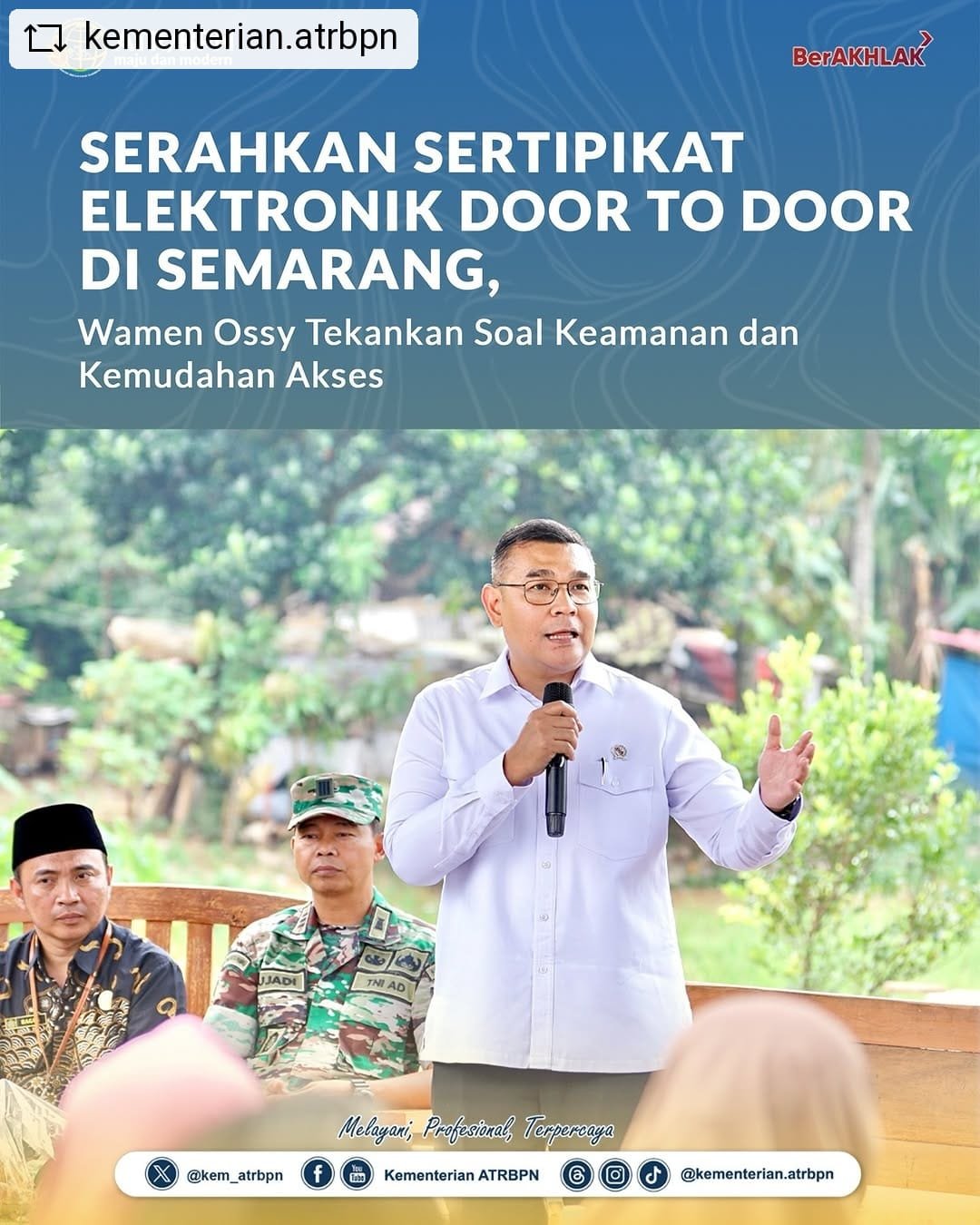 Serahkan Sertipikat Elektronik Door To Door di Semarang, Wamen Ossy Tekankan Soal Keamanan dan Kemudahan Akses