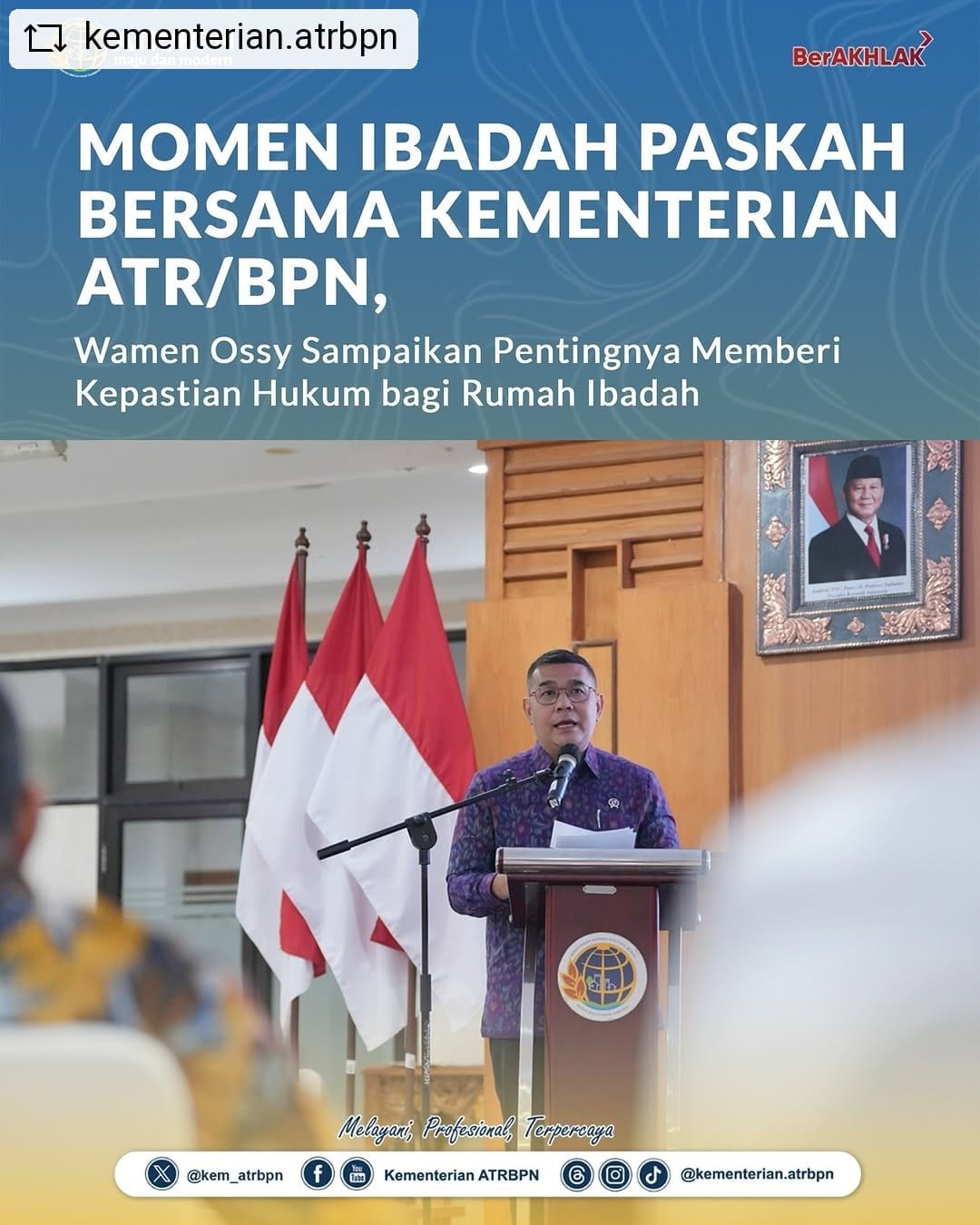 Momen Penting Ibadah Paskah Bersama Kementerian ATR/BPN, Wamen Ossy Sampaikan Pentingnya Memberi Kepastian Hukum bagi Rumah Ibadah