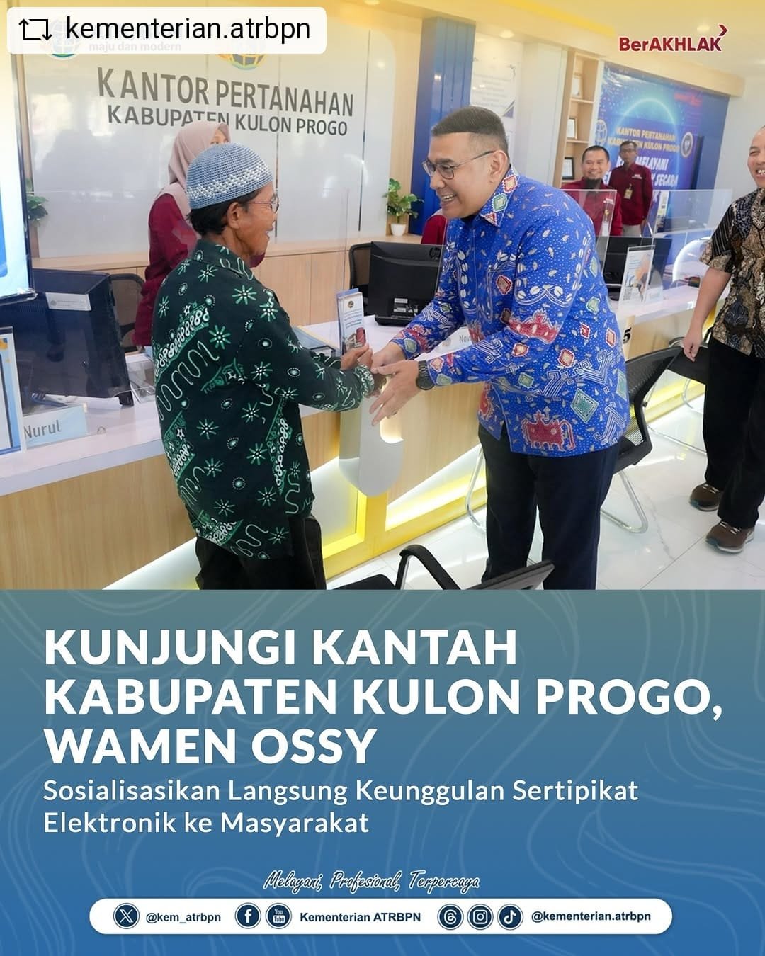 Kunjungi Kantah Kabupaten Kulon Progo, Wamen Ossy Sosialisasikan Langsung Keunggulan Sertipikat Elektronik ke Masyarakat