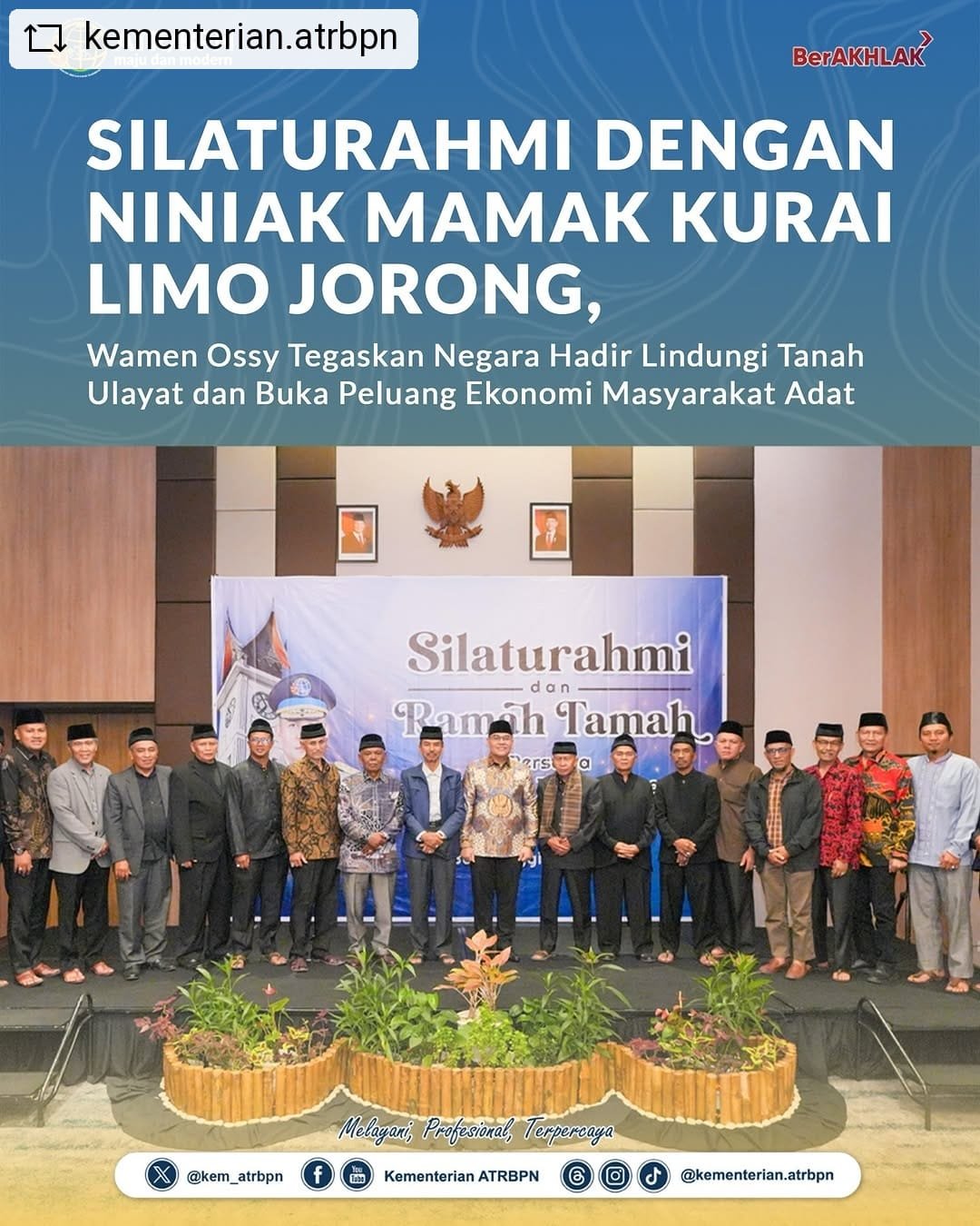 Silaturahmi Dengan Niniak Mamak Kurai Limo Jorong, Wamen Ossy Tegaskan Negara Hadir Lindungi Tanah Ulayat dan Buka Peluang Ekonomi Masyarakat Adat