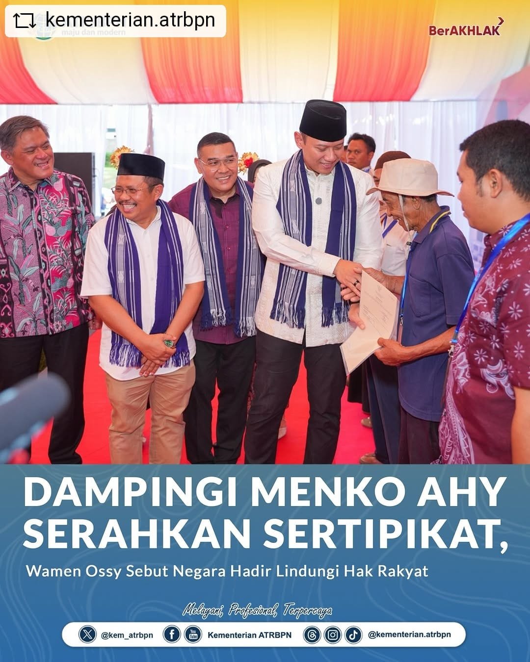 Dampingi Menko AHY Serahkan Sertipikat, Wamen Ossy Sebut Negara Hadir Lindungi Hak Rakyat