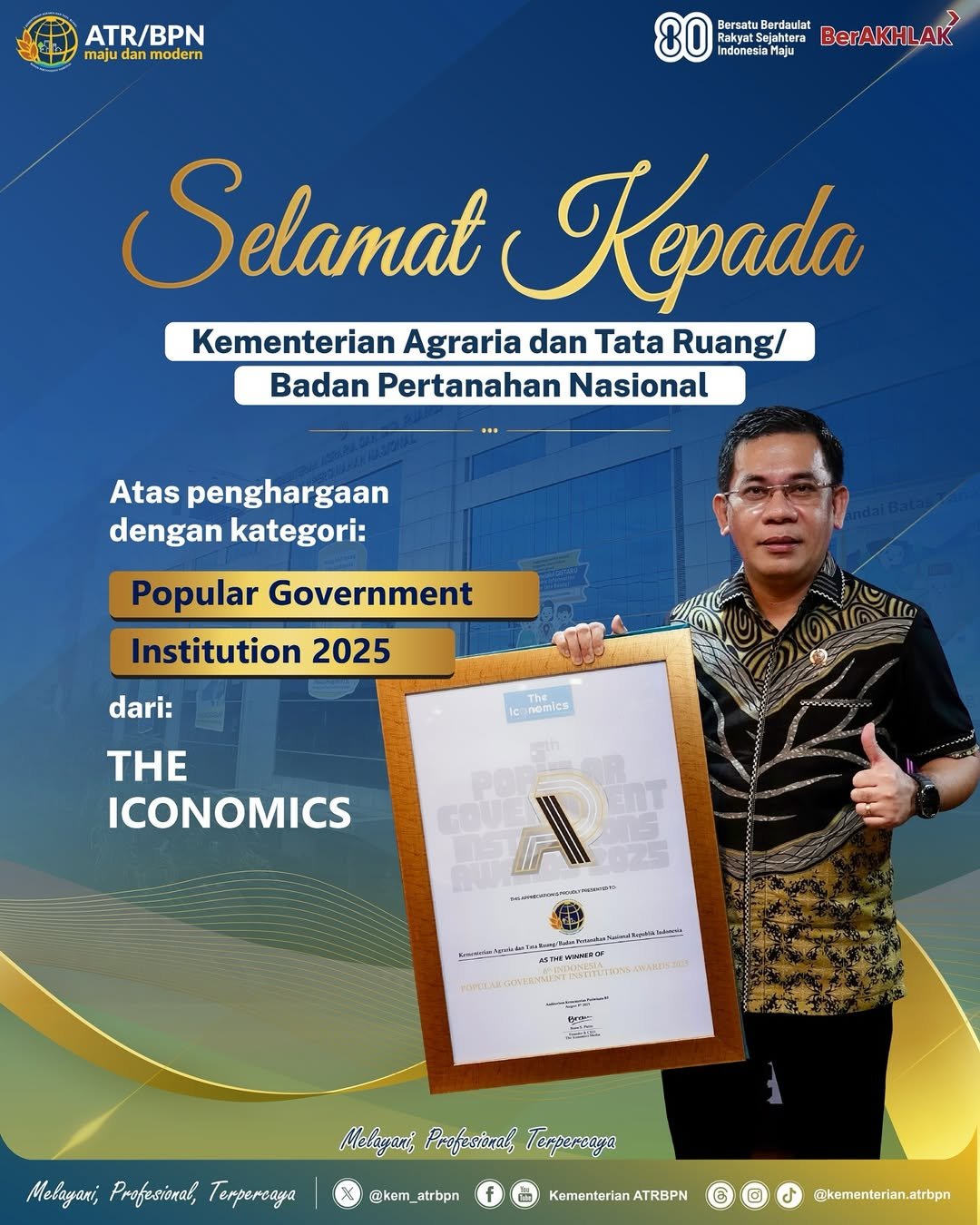Kementerian ATR/BPN Meraih Penghargaan Popular Government Institution 2025 dari Iconomics