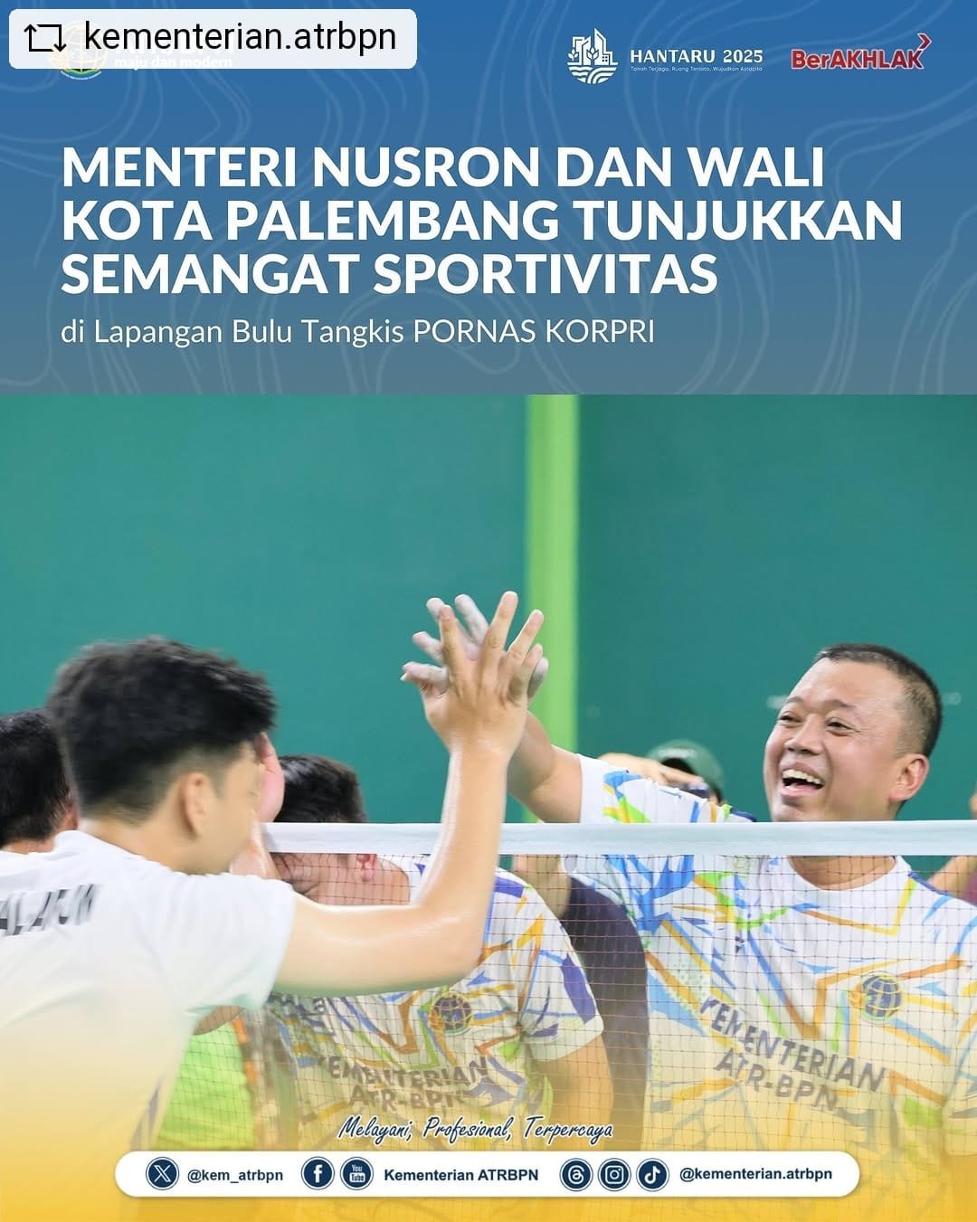 Menteri Nusron dan Wali Kota Palembang Tunjukkan Semangat Sportivitas di Lapangan Bulu Tangkis PORNAS KORPRI