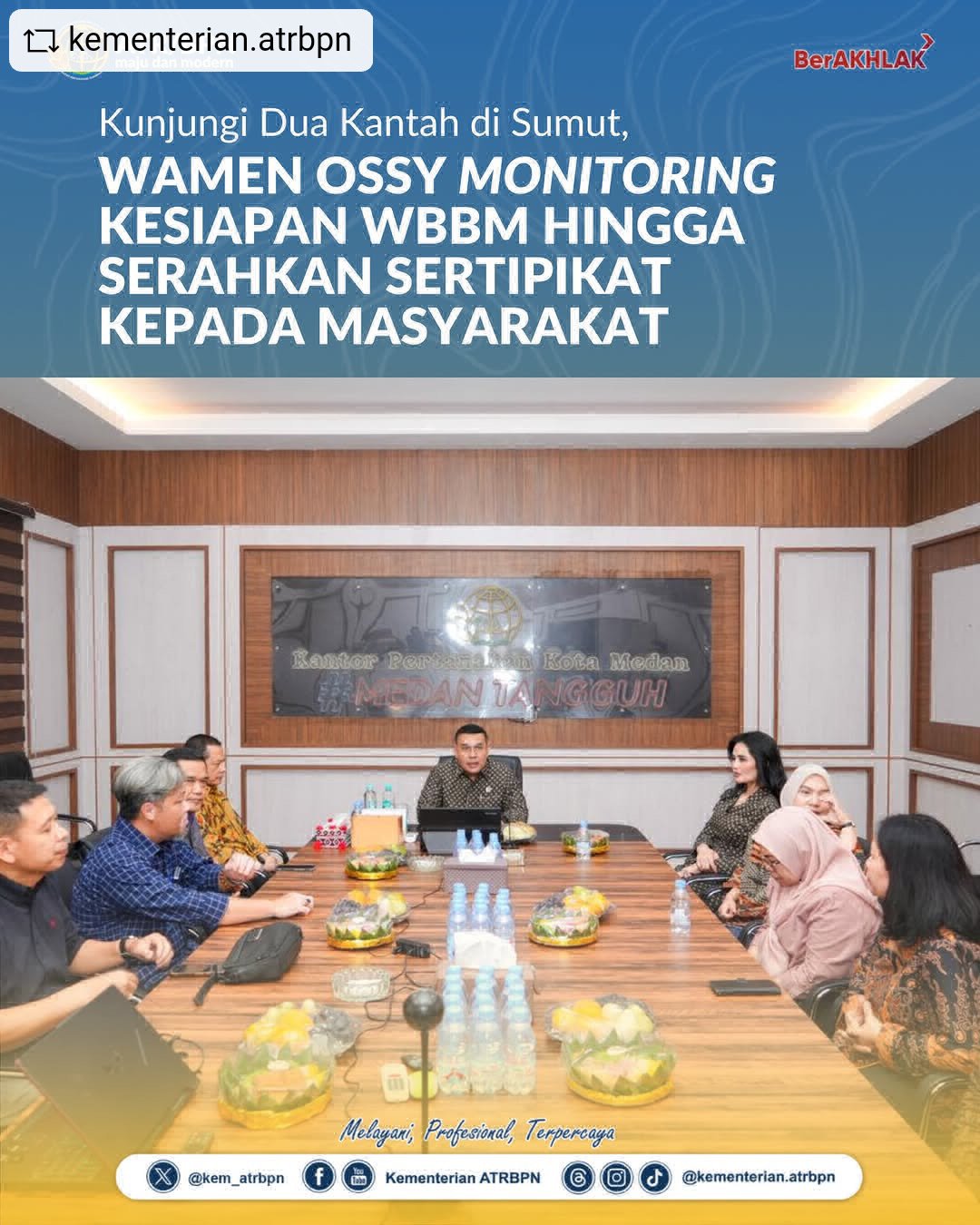 Kunjungi Dua Kantah di Sumut, Wamen Ossy Monitoring Kesiapan WBBM Hingga Serahkan Sertipikat Kepasa Masyarakat