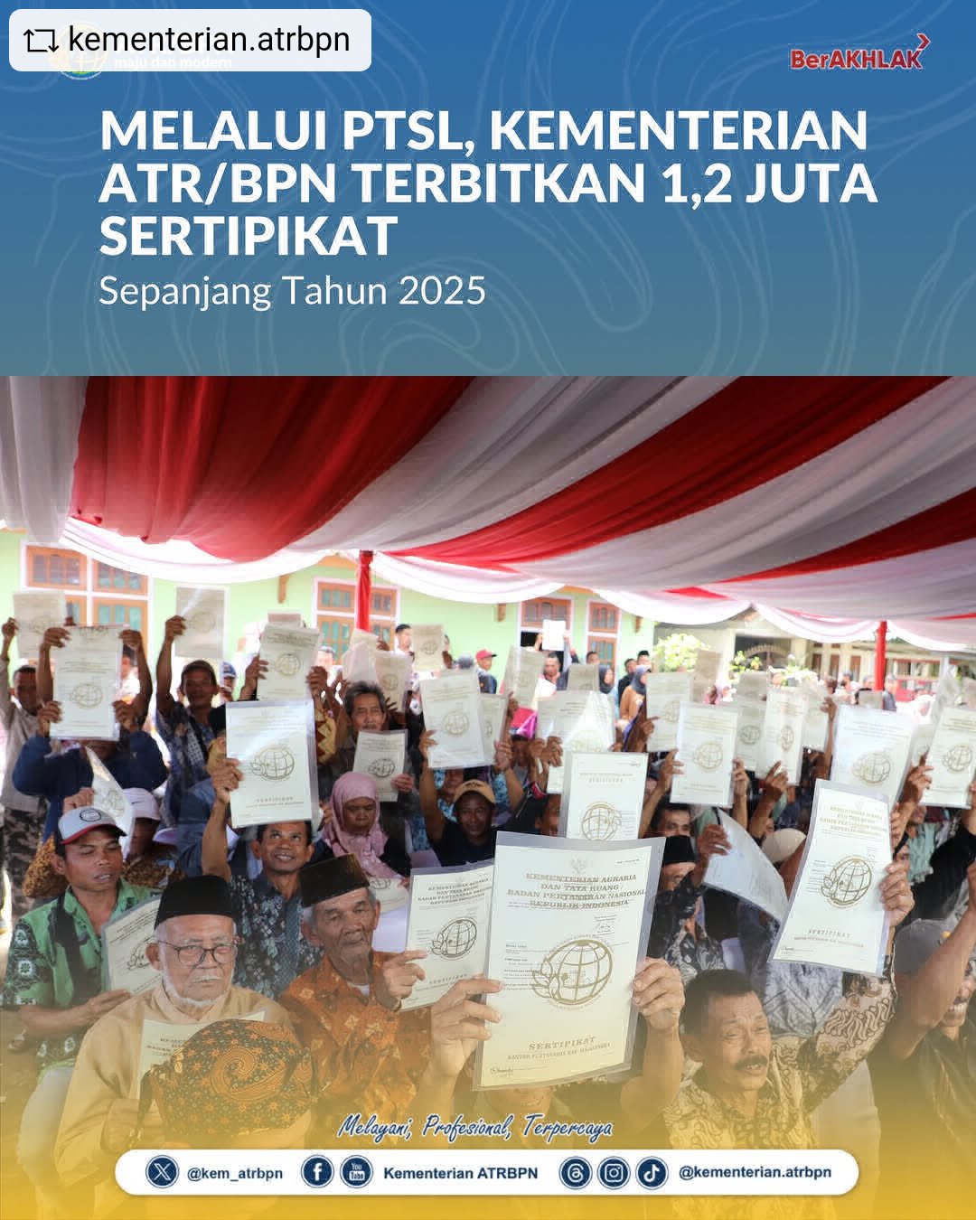 Melalui PTSL, Kementerian ATR/BPN Terbitkan 1,2 Juta Sertipikat Sepanjang Tahun 2025