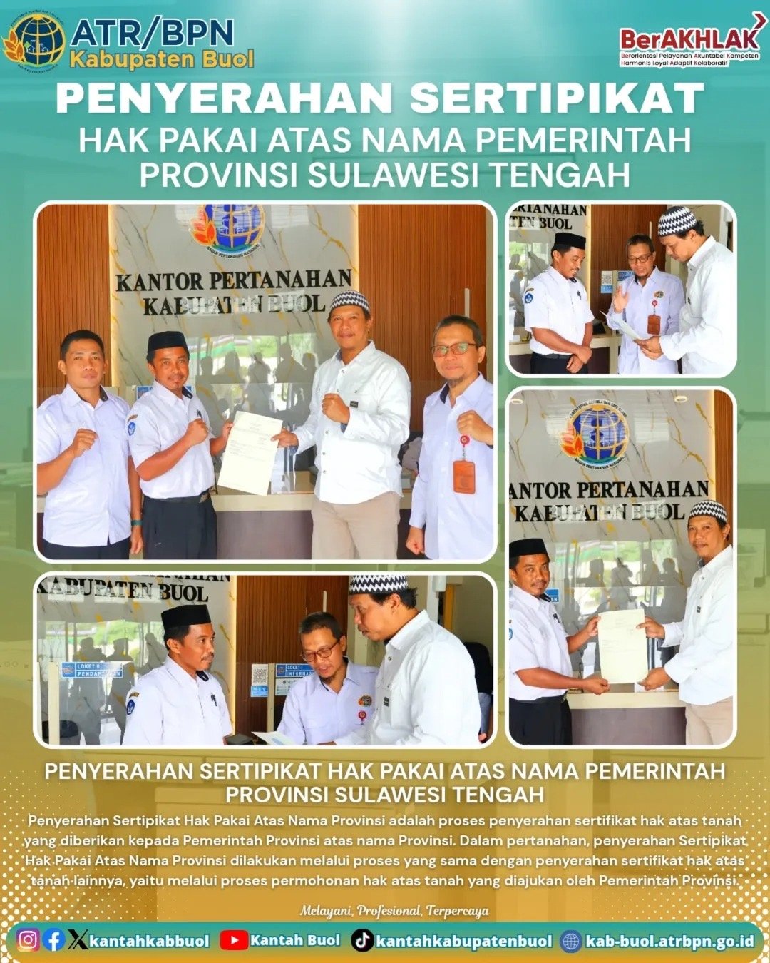 Penyerahan Sertipikat Hak Pakai Atas Nama Pemerintah Provinsi Sulawesi Tengah