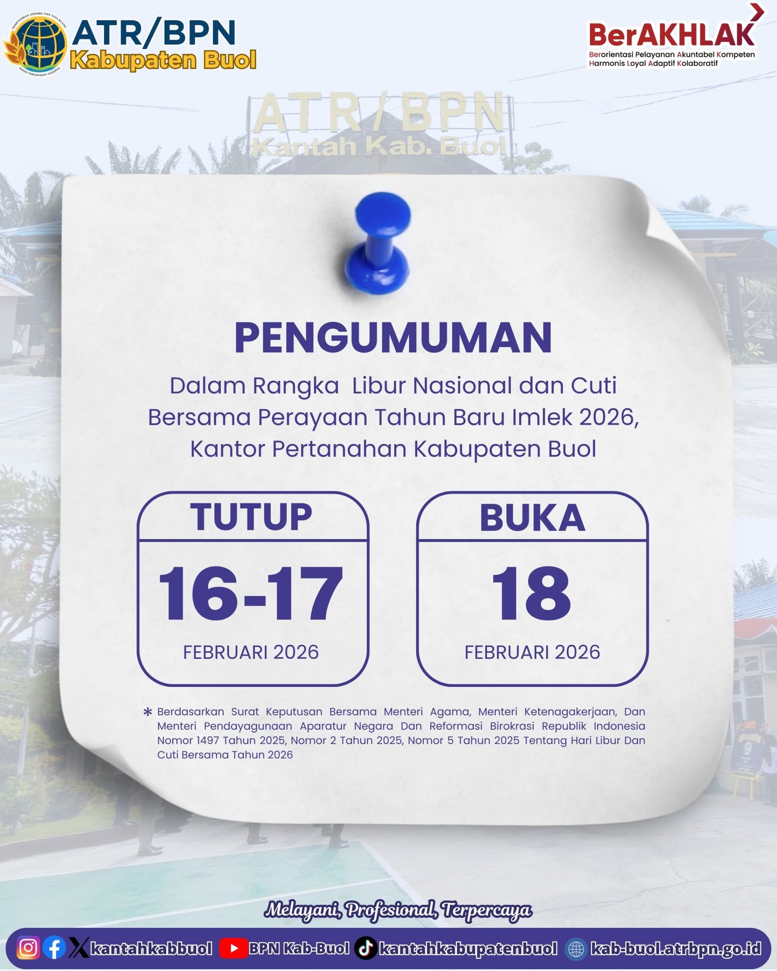 Pengumuman Libur Pelayanan Kantor Pertanahan Kabupaten Buol