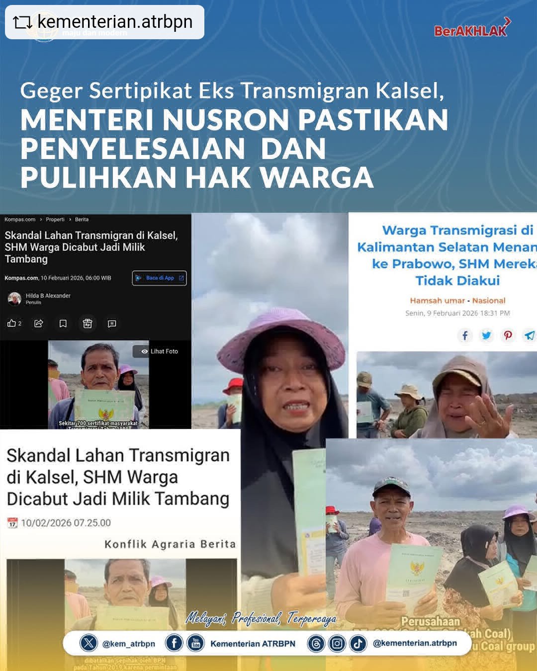 Geger Sertipikat Eks Transmigran Kalsel, Menteri Nusron Pastikan Penyelesaian Dan Pulihkan Hak Warga