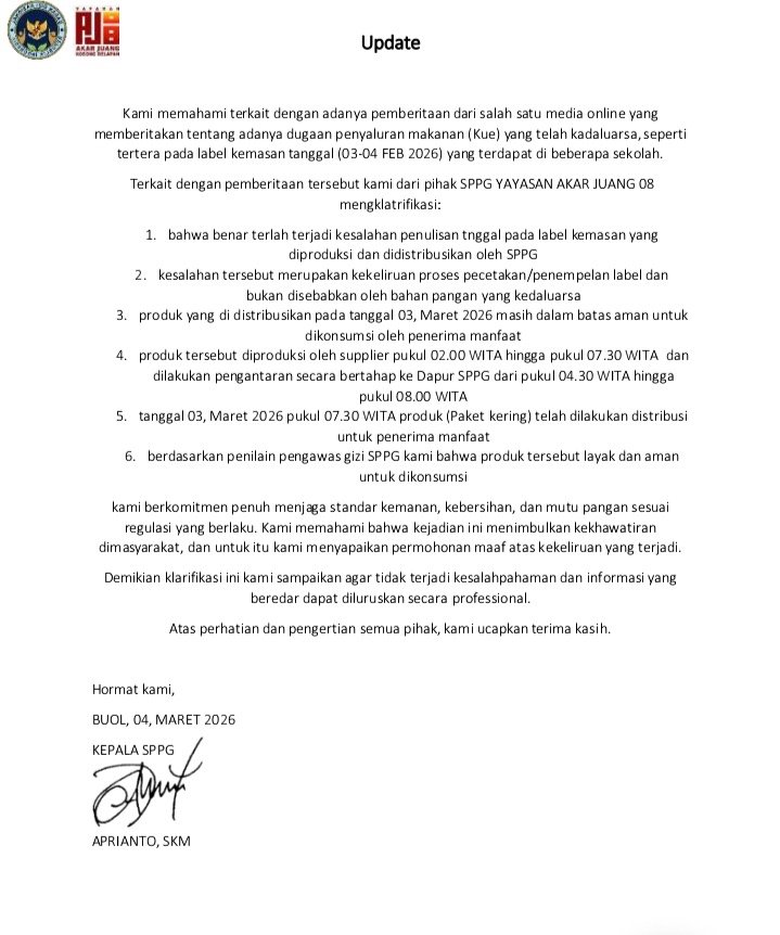 SPPG Yayasan Akar Juang 08 Klarifikasi Dugaan Kue MBG Kedaluwarsa